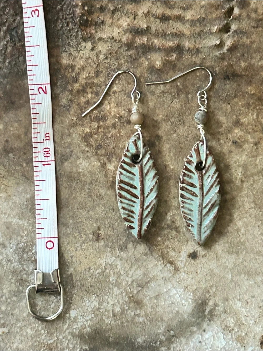 Handmade Ceramic Beads with Turquoise Patina Leaf Drop Earrings
